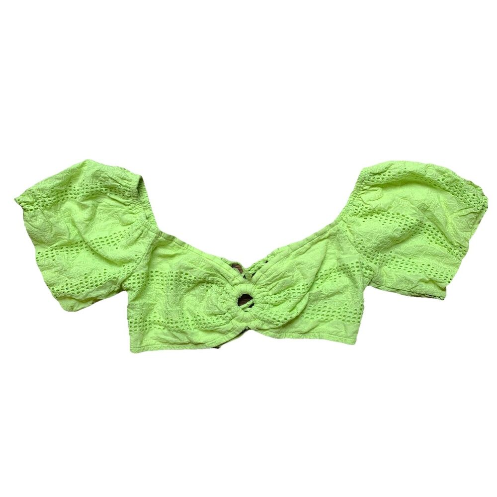 Puff Sleeve Crochet Eyelet Crop Top Off Shoulder Rave Festival Coachella Neon XS